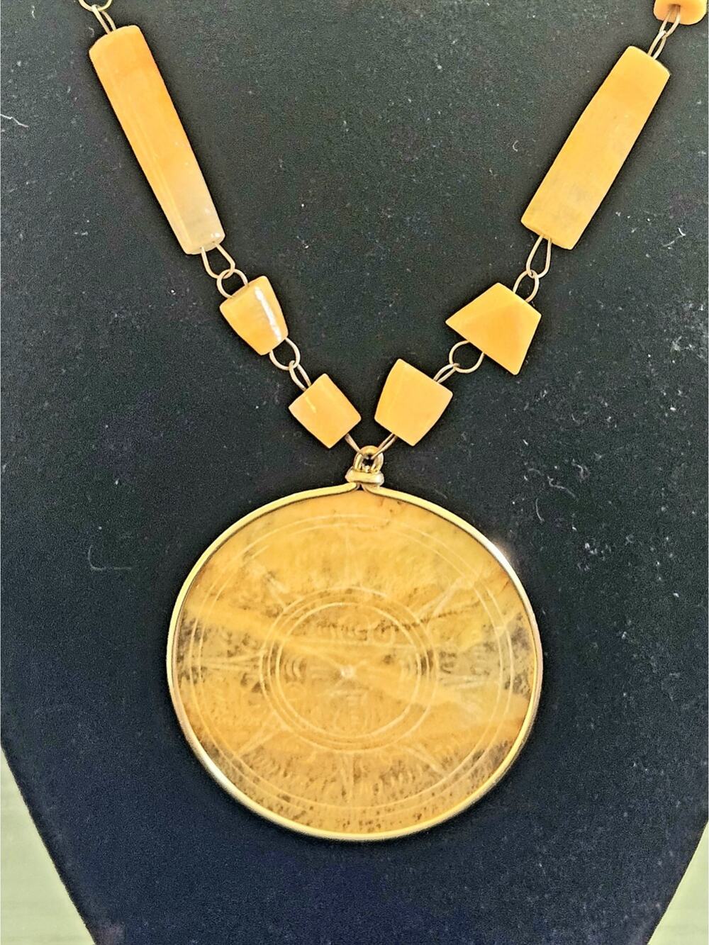 Vintage Mexican Aztec Sun Calendar Sundial Statement Necklace – Yellow Mixed